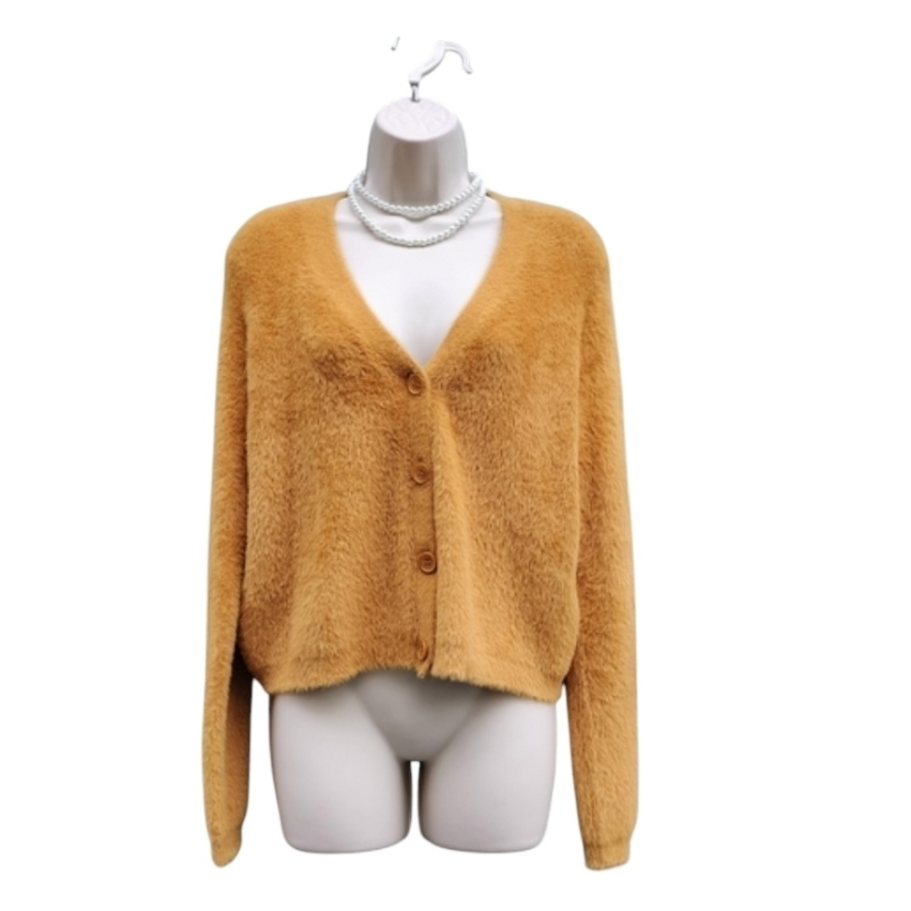 Rachel Zoe Caramel Fuzzy Bouclé Cardigan Sweater Gold Button Cozy Glam Size M